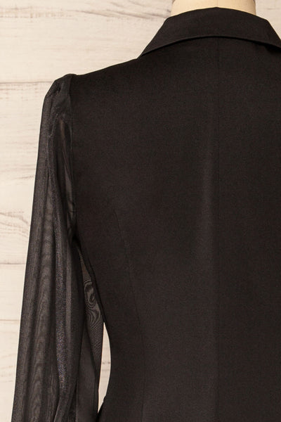 Ebbra Black Blazer Dress w/ Sheer Sleeves | La petite garçonne back close-up