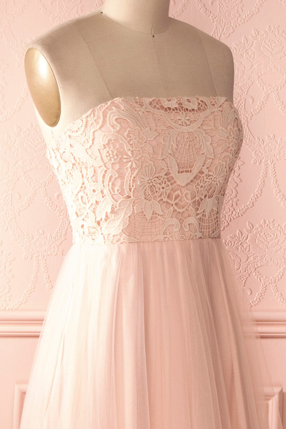 Edris Blush maxi tulle dress with lace top | Boudoir 1861 side close up