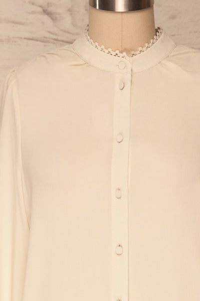 Egaleo Beige Button-Up Blouse | La petite garçonne front close up