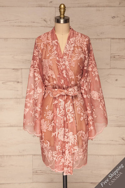 Eggjareir Pink Floral Lace Kimono front view FS | La petite garçonne