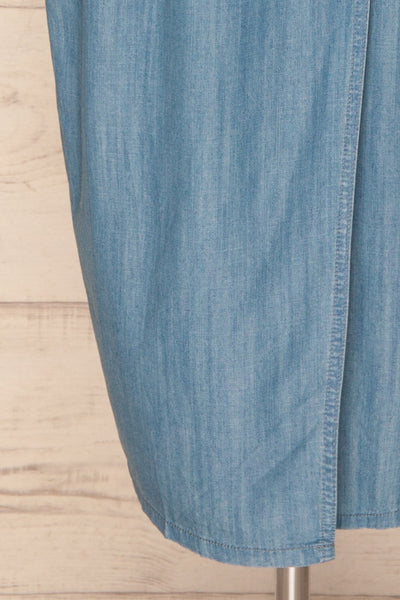 Eggkleiva Light Blue Denim Midi Wrap Dress | La Petite Garçonne bottom close-up