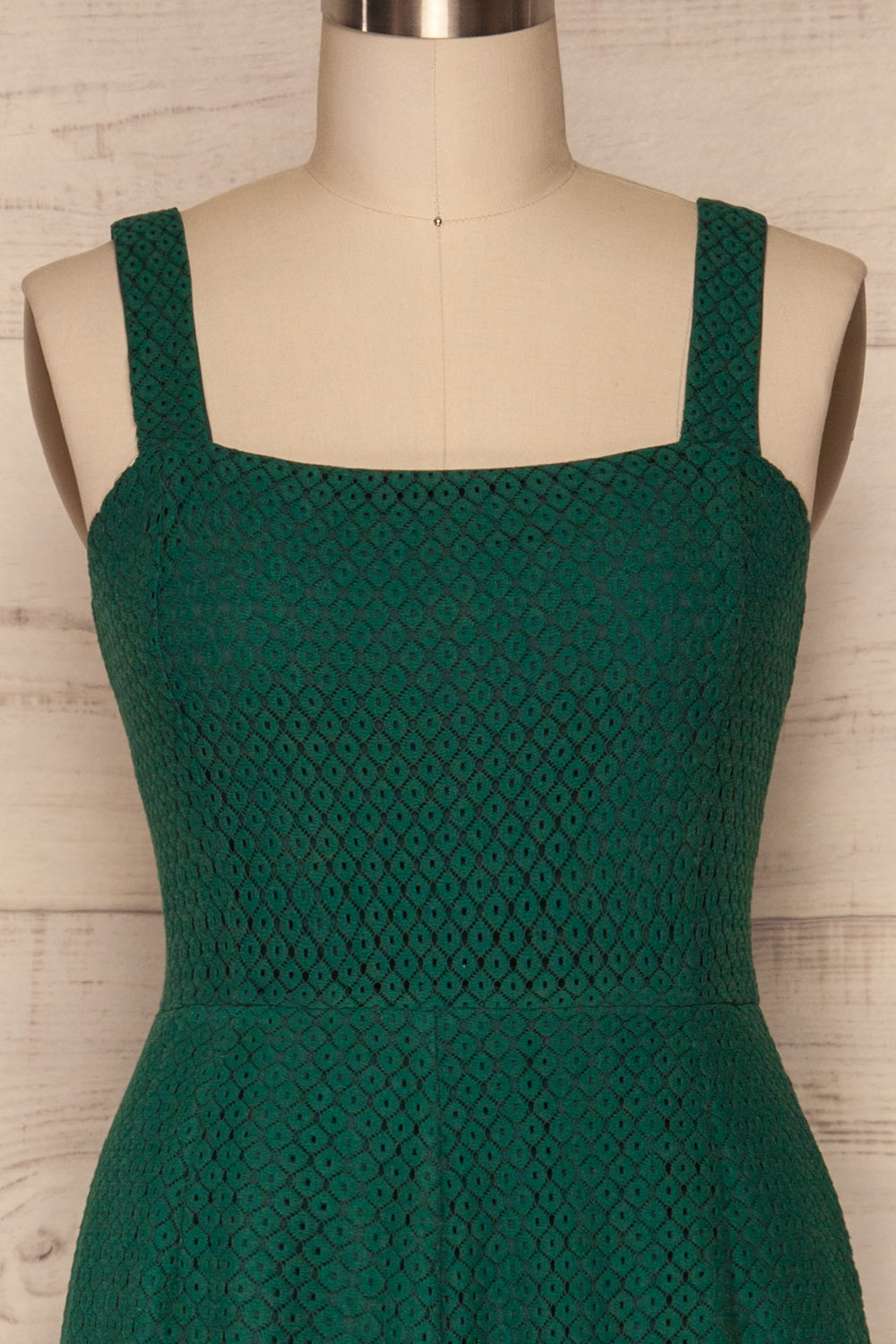 Eidsvaag Emerald Green Lace Sleeveless Jumpsuit | La Petite Garçonne front close-up