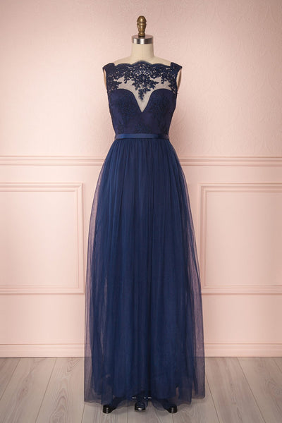 Eiki Navy Blue Embroidered Tulle Gown | Boutique 1861