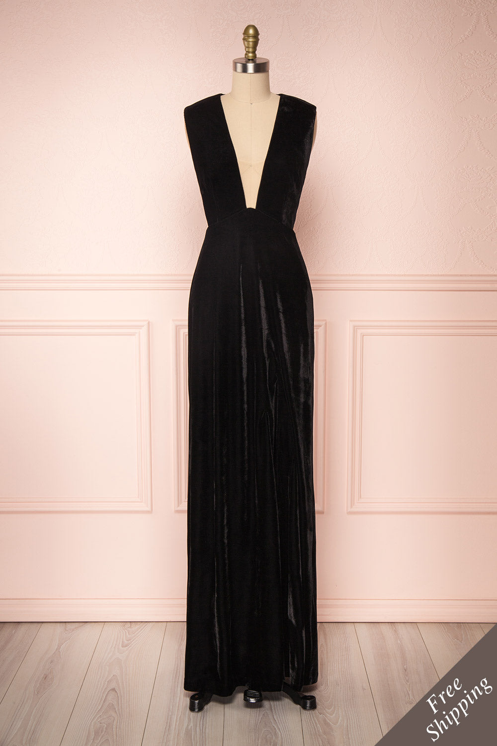 Eileen Black Velvet A-Line Gown | Boutique 1861 front view 