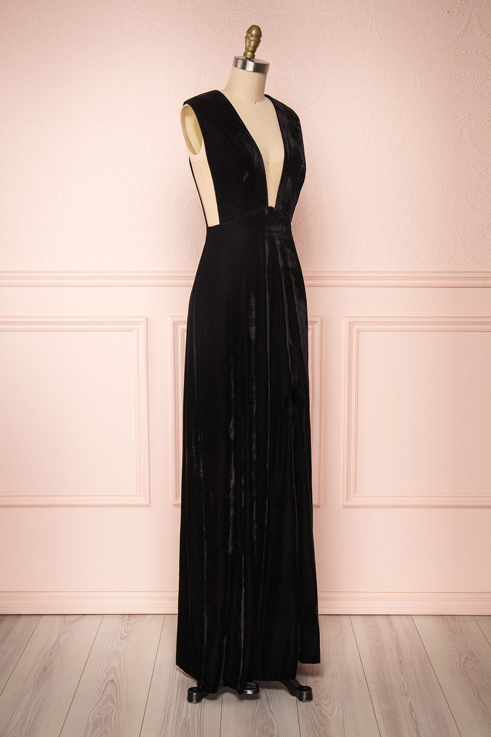 Eileen Black Velvet A-Line Gown | Boutique 1861 side view 