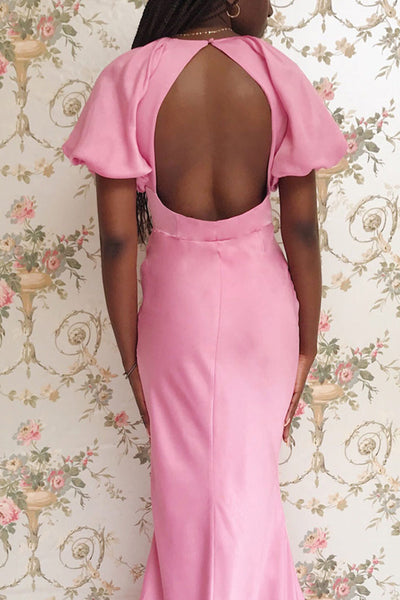 Eirwen Pink Satin Puffy Sleeve Flared Dress | Boutique 1861 model back