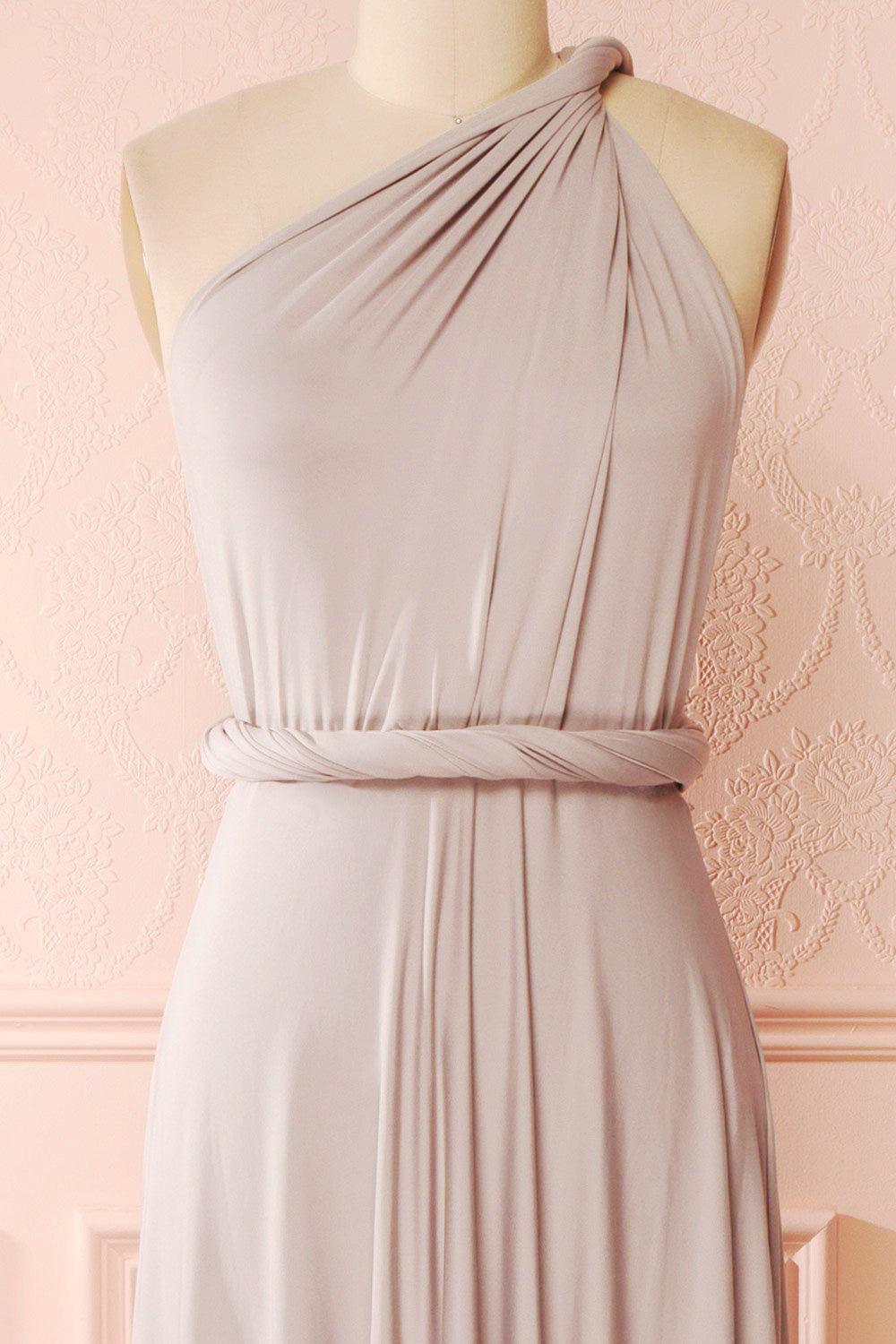 Elatia Lune Gray Convertible Infinity Dress | Boudoir 1861 one shoulder close-up