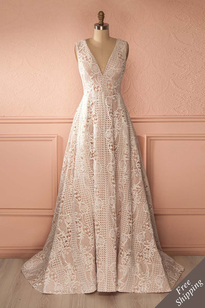 Eleanor - Ivory lace plunging neckline gown
