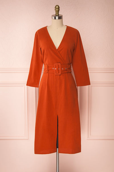 Ellesmere Orange Long Sleeved Midi Dress front view | Boutique 1861