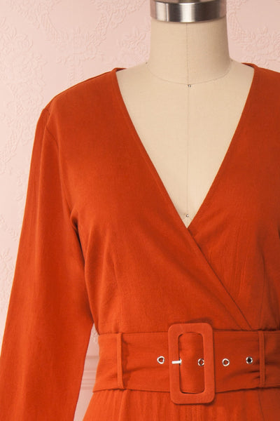 Ellesmere Orange Long Sleeved Midi Dress front close up | Boutique 1861