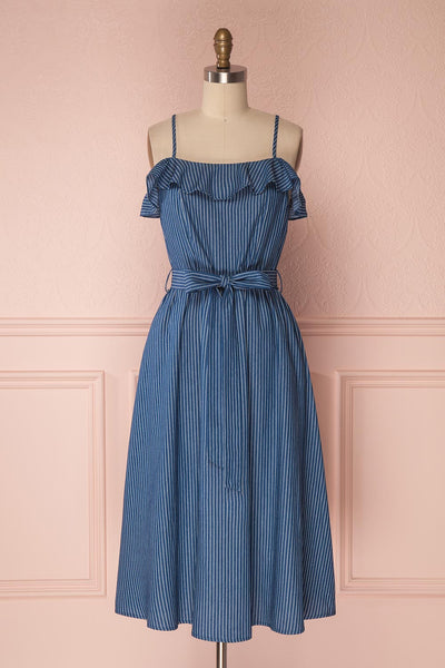 Eloiza Blue & White Striped Off Shoulder Midi Dress | Boutique 1861