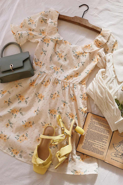 Elphege Beige Floral Puffy Sleeve Embroidered Dress | Boutique 1861 flatlay