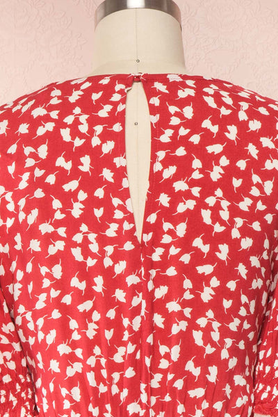 Elsie Red Floral Short Sleeved Romper back close up | Boutique 1861