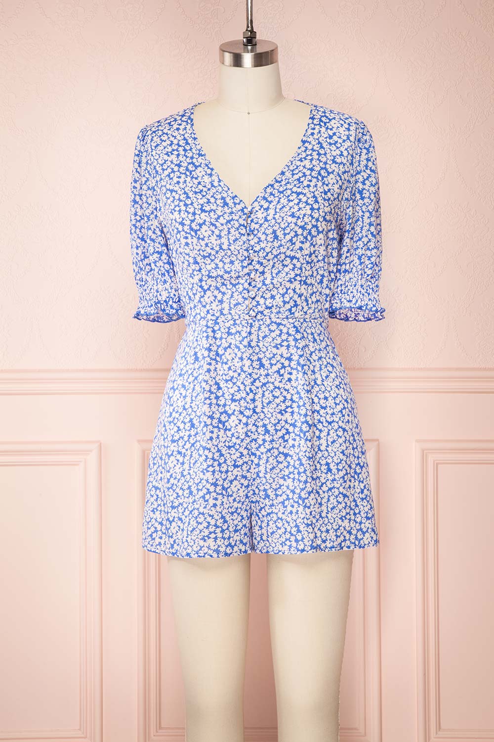 Elsie Sky Blue Floral Short Sleeved Romper front view | Boutique 1861