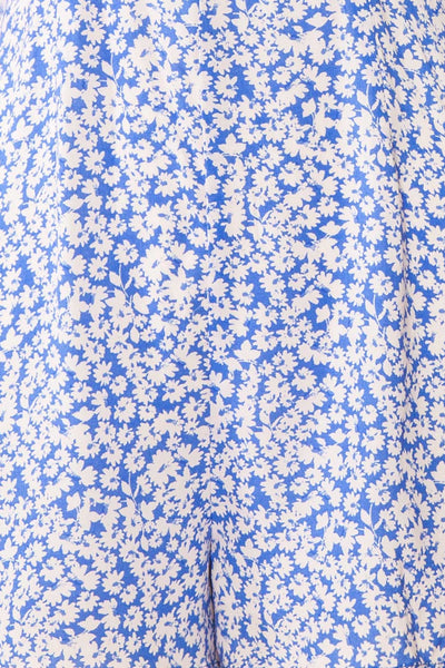 Elsie Sky Blue Floral Short Sleeved Romper fabric | Boutique 1861