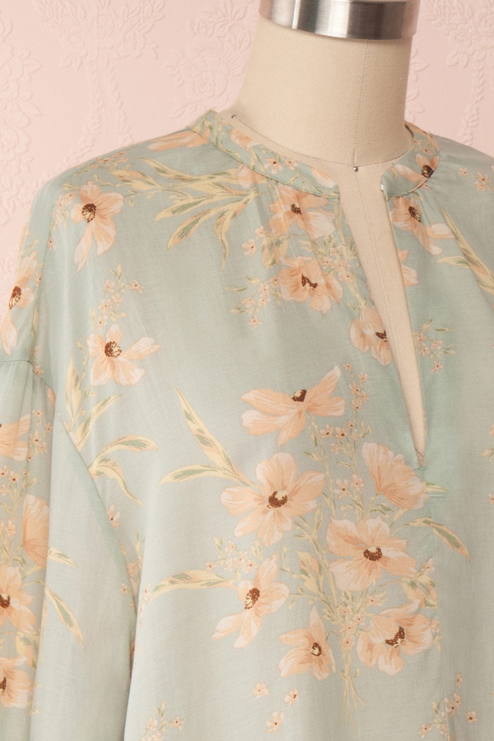 Eluska Pastel Green Floral Short Dress | Boutique 1861 side close up
