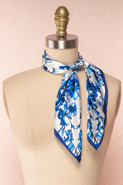 Emerana Blue & White Patterned Square Scarf | Boutique 1861 french knot close-up