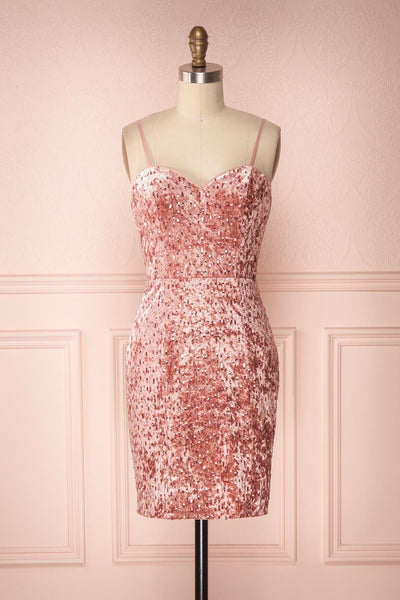 Emilyn Pink Velvet Sequined Fitted Dress | Boutique 1861