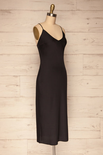Enea Black Satin Midi Slip Cocktail Dress | La Petite Garçonne side view