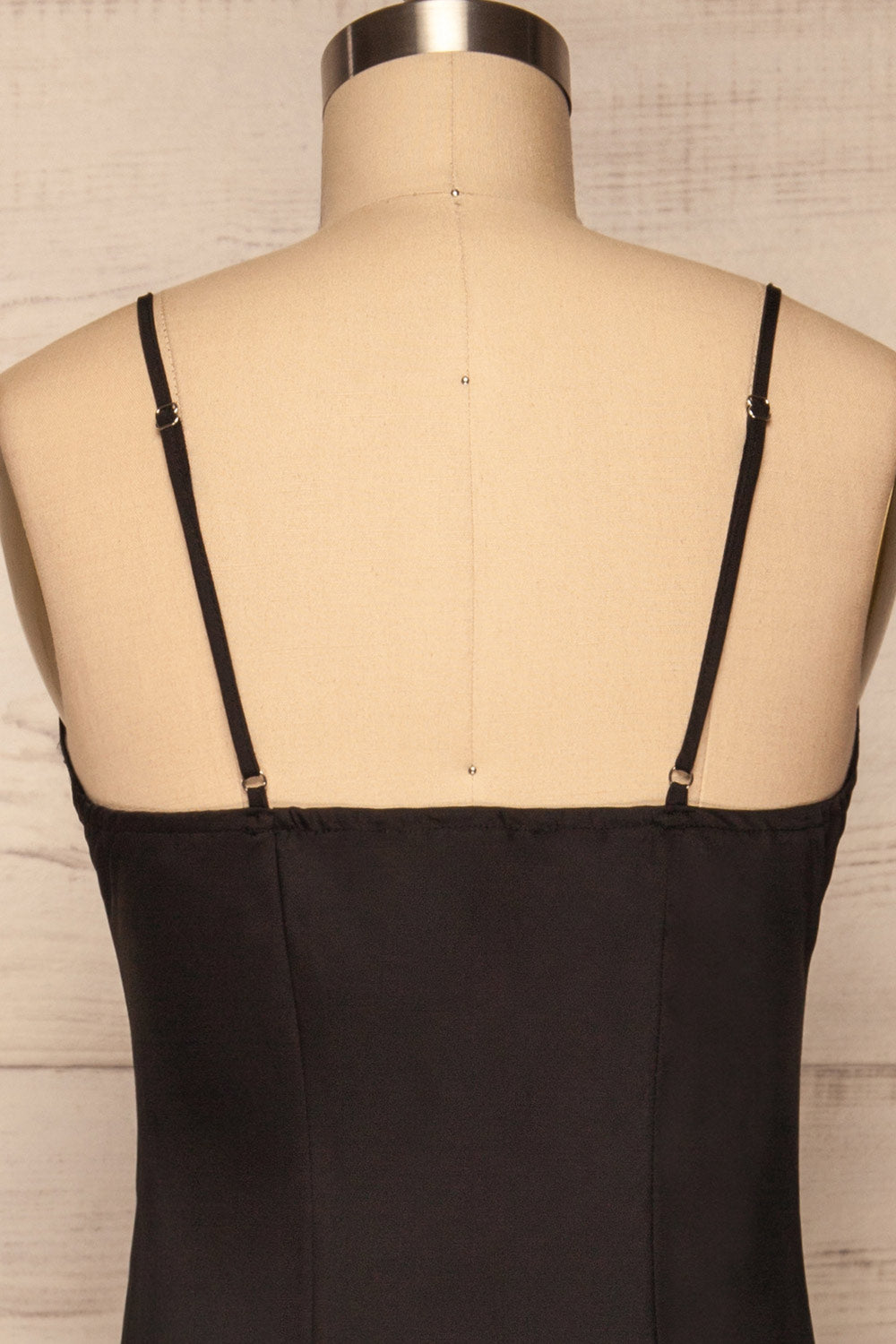 Enea Black Satin Midi Slip Cocktail Dress | La Petite Garçonne back close-up