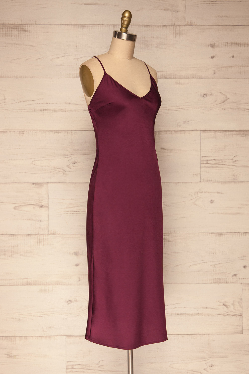 Enea Burgundy Satin Midi Slip Cocktail Dress | La Petite Garçonne side view