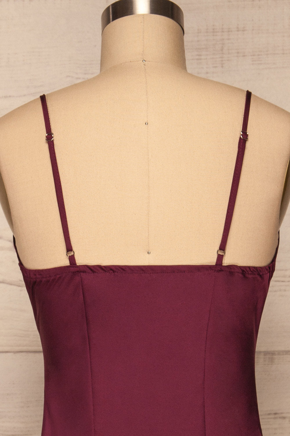 Enea Burgundy Satin Midi Slip Cocktail Dress | La Petite Garçonne back close-up