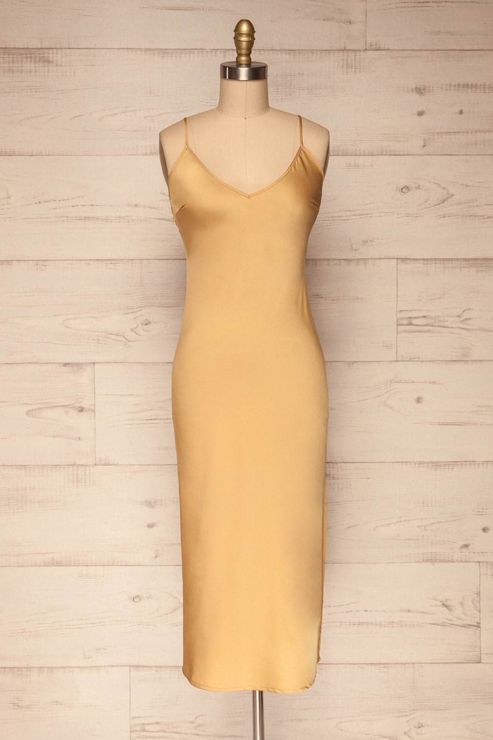 Enea Champagne Yellow Satin Midi Slip Dress | La Petite Garçonne front view