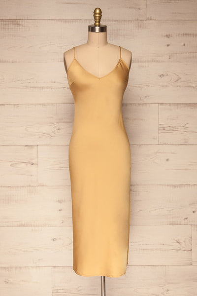 Enea Champagne Yellow Satin Midi Slip Dress | La Petite Garçonne front view