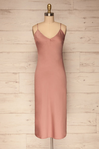 Enea Mauve Dusty Pink Satin Midi Slip Dress | La Petite Garçonne front view