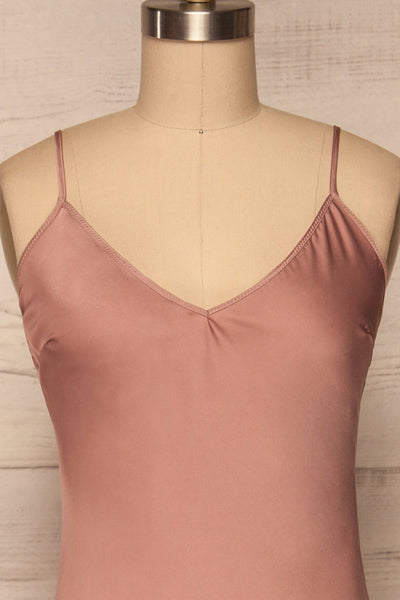 Enea Mauve Dusty Pink Satin Midi Slip Dress | La Petite Garçonne front close-up
