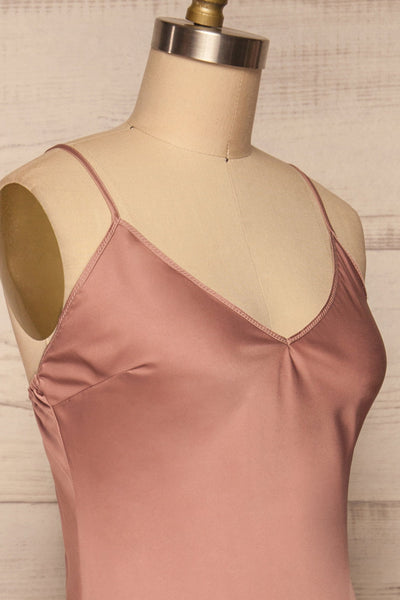 Enea Mauve Dusty Pink Satin Midi Slip Dress | La Petite Garçonne side close-up