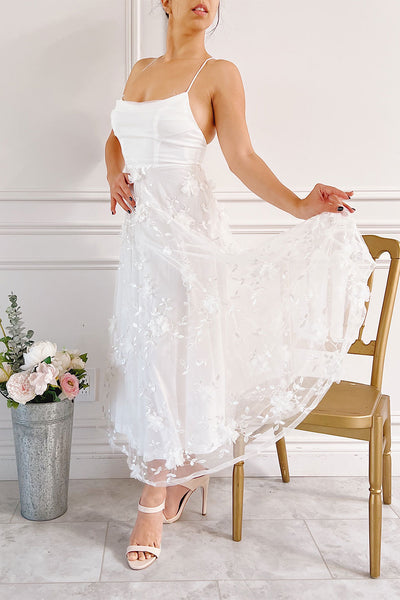 Eneka White Midi Tulle Dress w/ Floral Embroidery | Boudoir 1861 on model