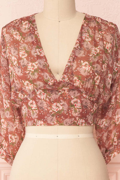 Erasma Pink Floral Chiffon Crop Top | Boutique 1861 front close-up