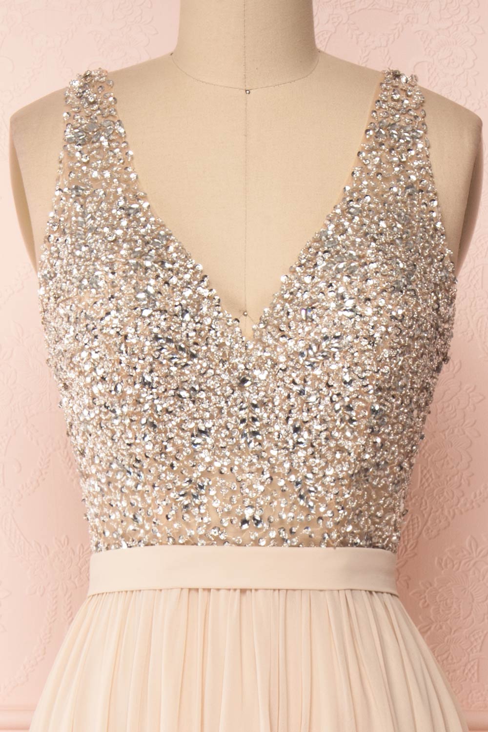 Eridani Champagne Beige A-Line Gown w/ Crystals | Boutique 1861 front close-up