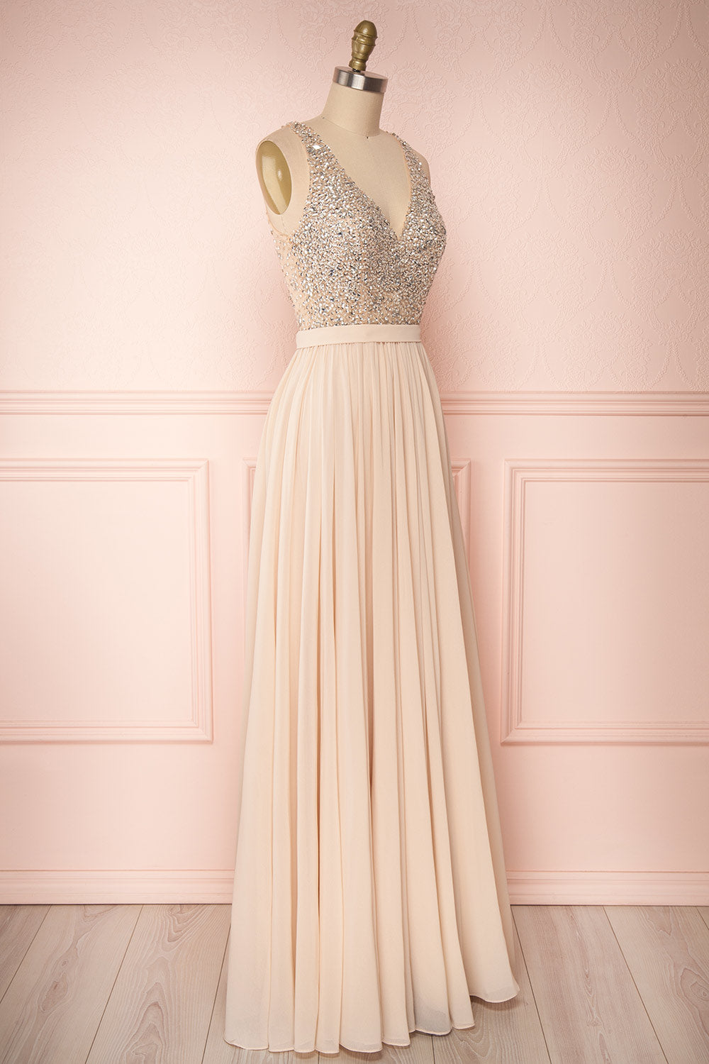 Eridani Champagne Beige A-Line Gown w/ Crystals | Boutique 1861 side view 