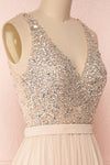 Eridani Champagne Beige A-Line Gown w/ Crystals | Boutique 1861 side close-up