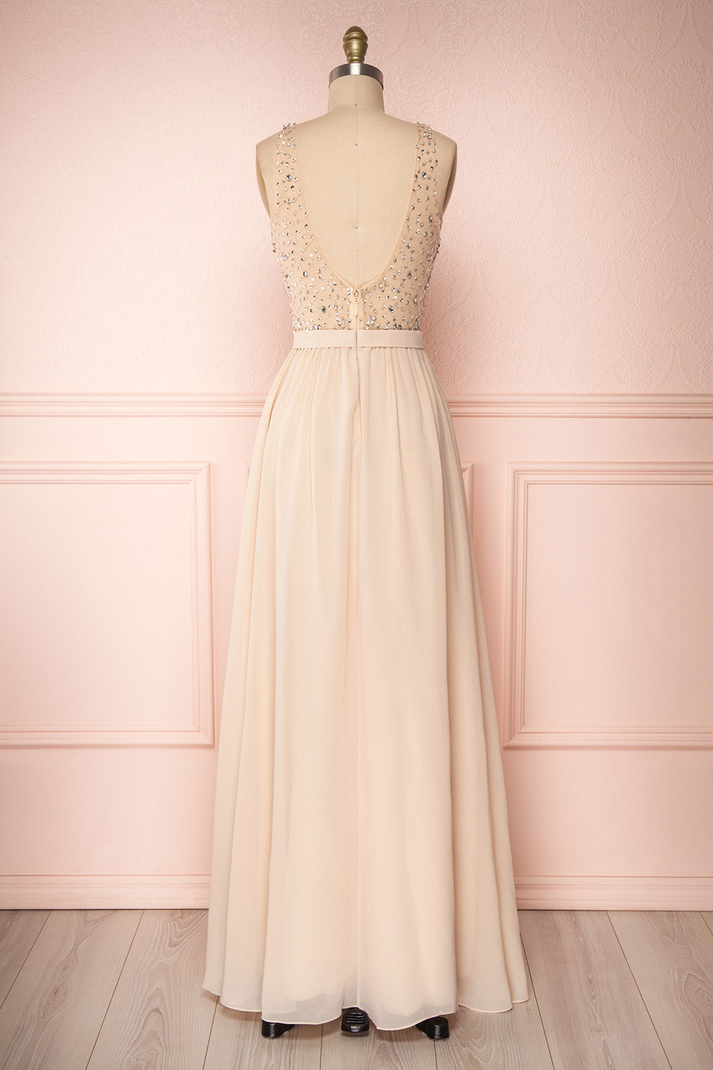 Eridani Champagne Beige A-Line Gown w/ Crystals | Boutique 1861 back view 