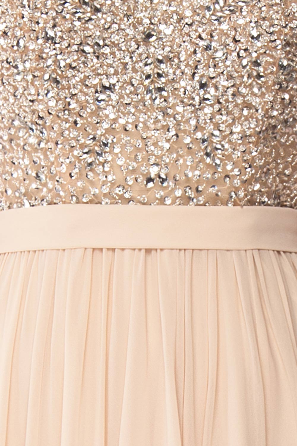 Eridani Champagne Beige A-Line Gown w/ Crystals | Boutique 1861 fabric detail 