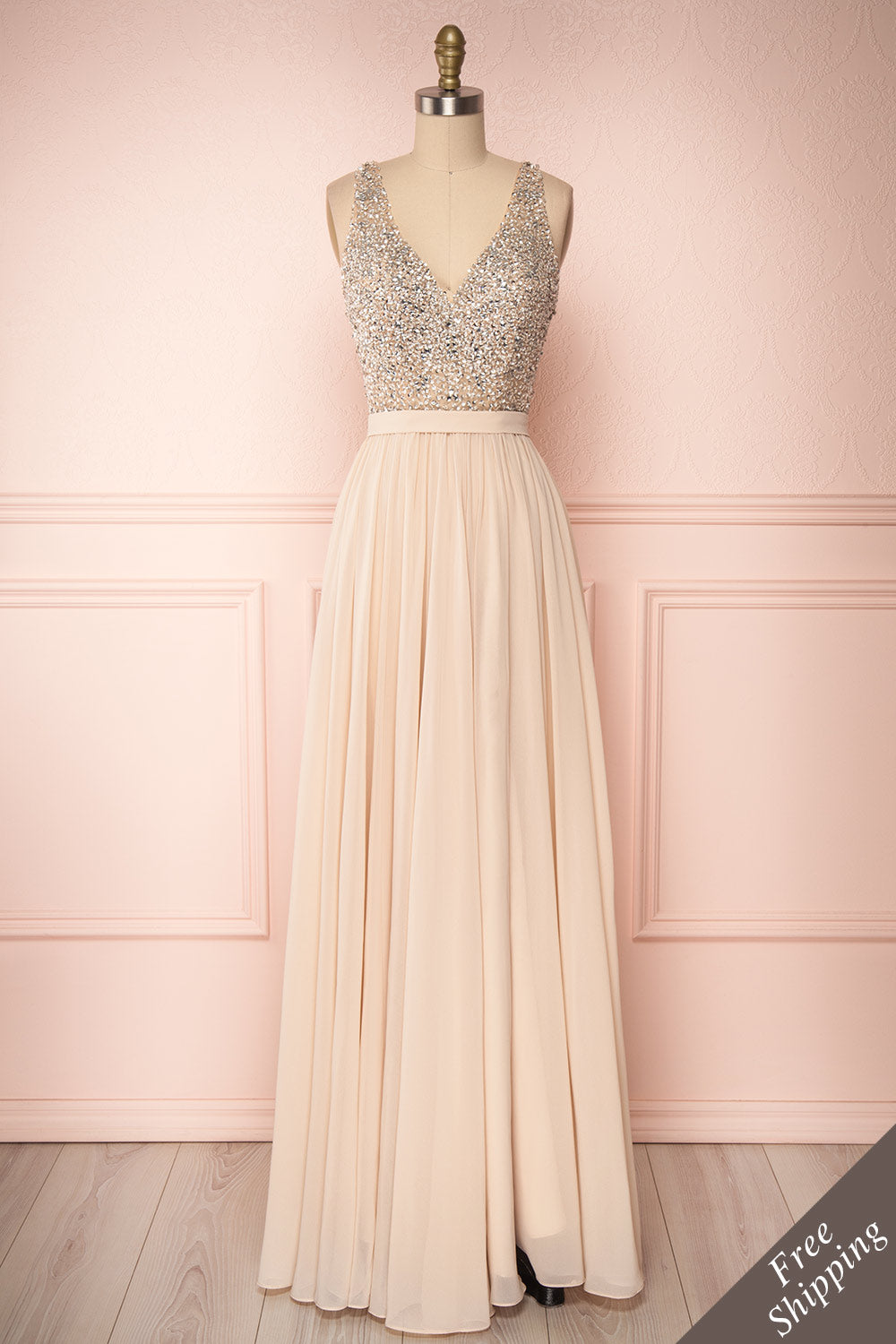 Eridani Champagne Beige A-Line Gown w/ Crystals | Boutique 1861 front view 