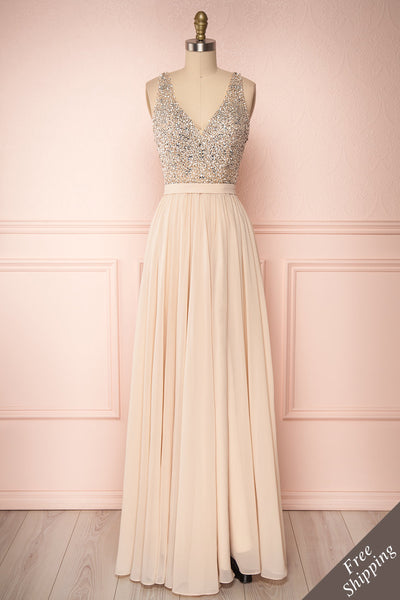 Eridani Champagne Beige A-Line Gown w/ Crystals | Boutique 1861 front view