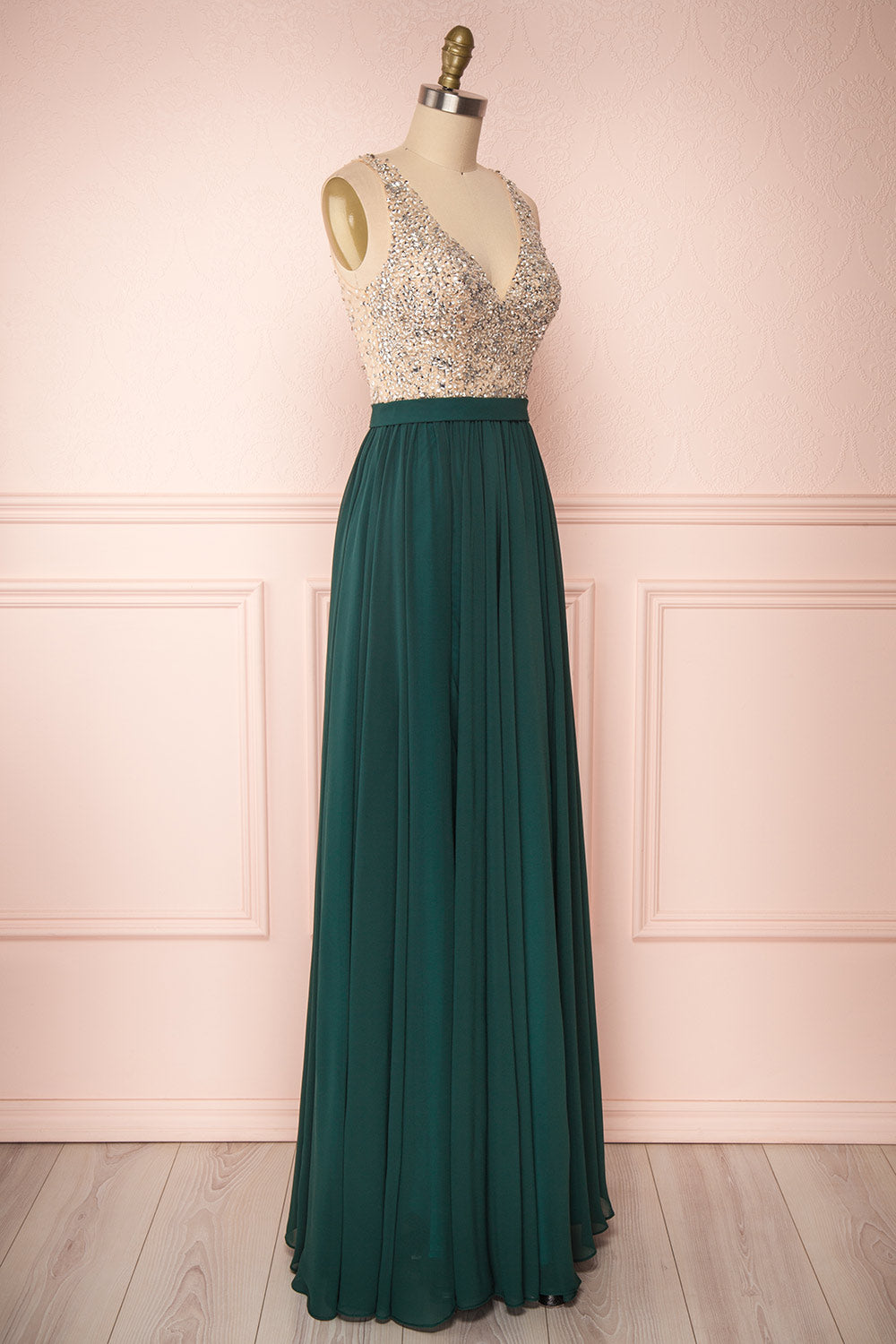 Eridani Émeraude Green A-Line Gown w/ Crystals | Boutique 1861 side view 
