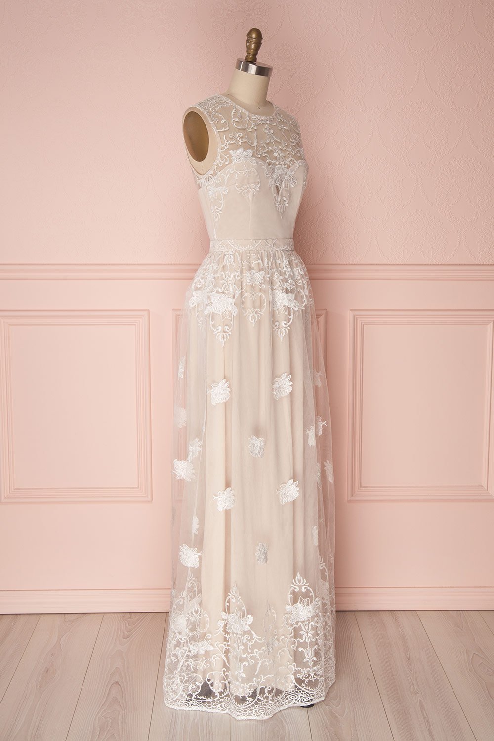 Ermanda Beige & White Embroidered Maxi Bridal Dress