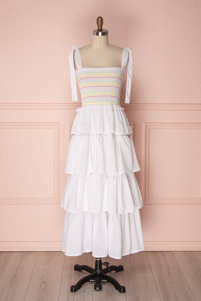 Eshan White Layered Ruffles Midi Dress With Stripes | Boutique 1861