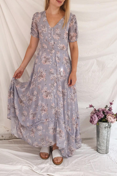 Espella Lilac Floral Buttoned Maxi Dress | Boutique 1861 model look