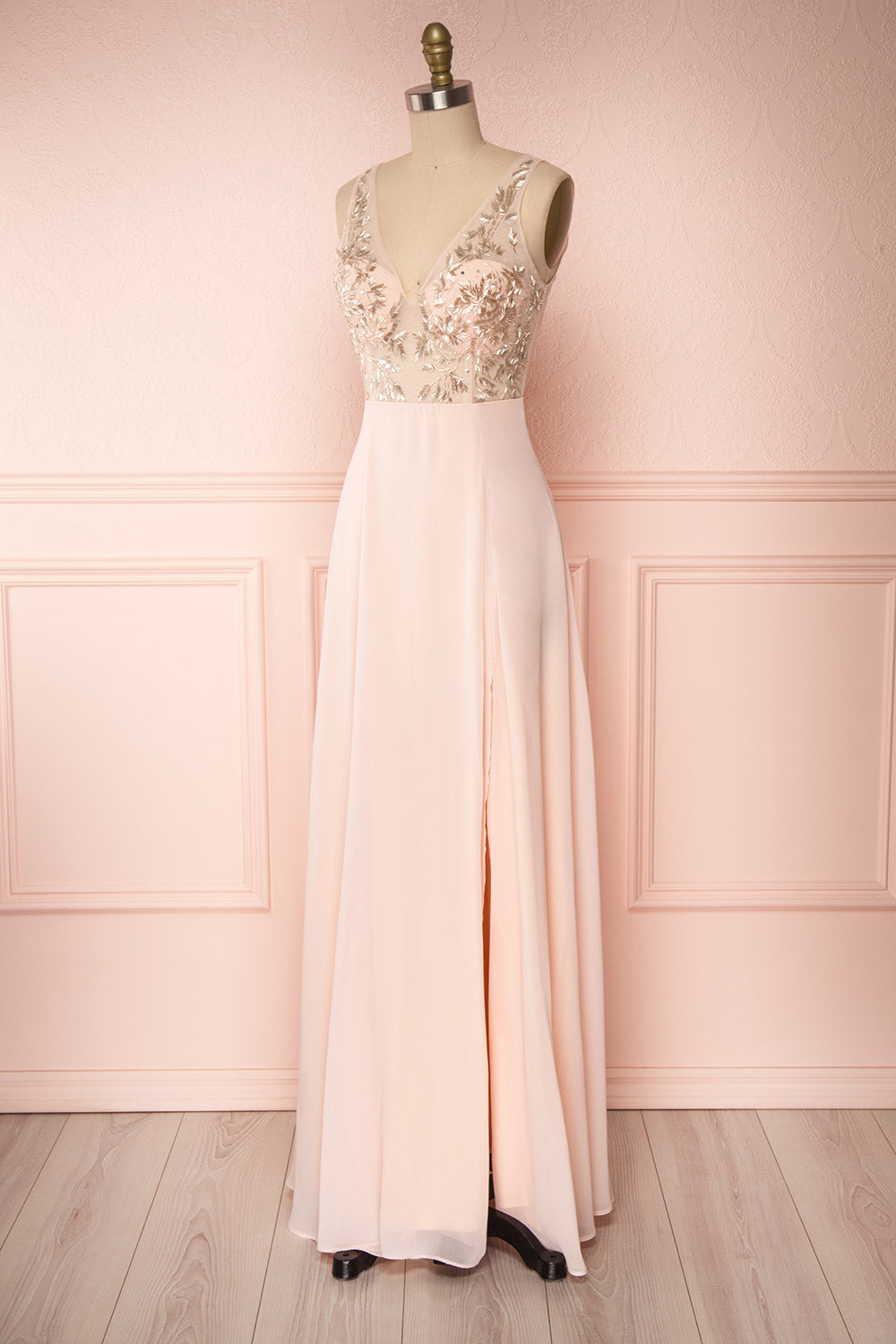 Esther Blush Pink Maxi Prom Dress with Slit | Boutique 1861 side view 