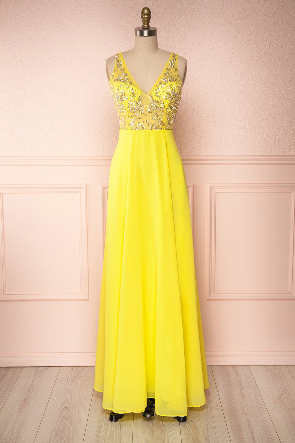 Esther Yellow Maxi Prom Dress with Slit | Boutique 1861 front