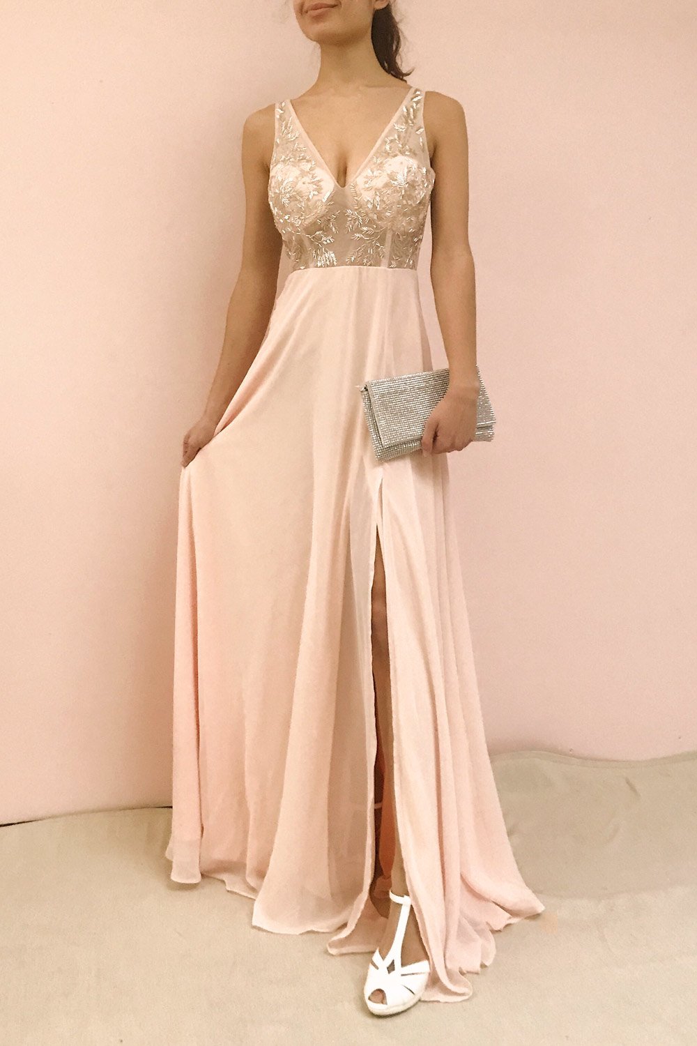 Esther Blush Pink Maxi Prom Dress with Slit | Boutique 1861 model look