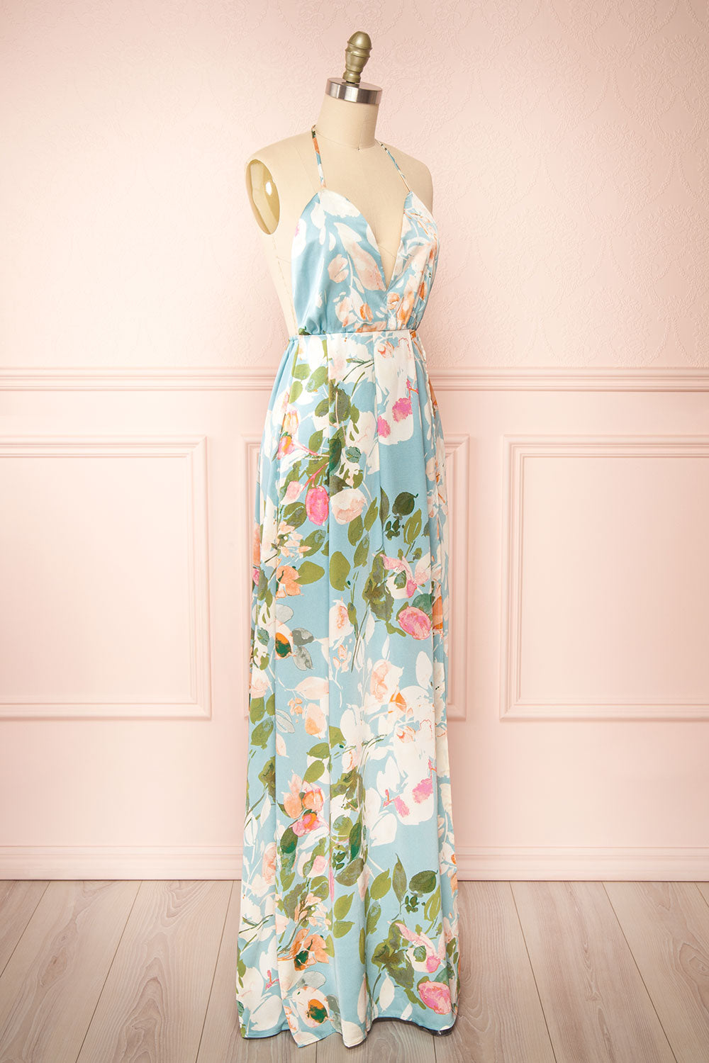 Estivah Blue Backless Floral Maxi Dress | Boutique 1861 side view