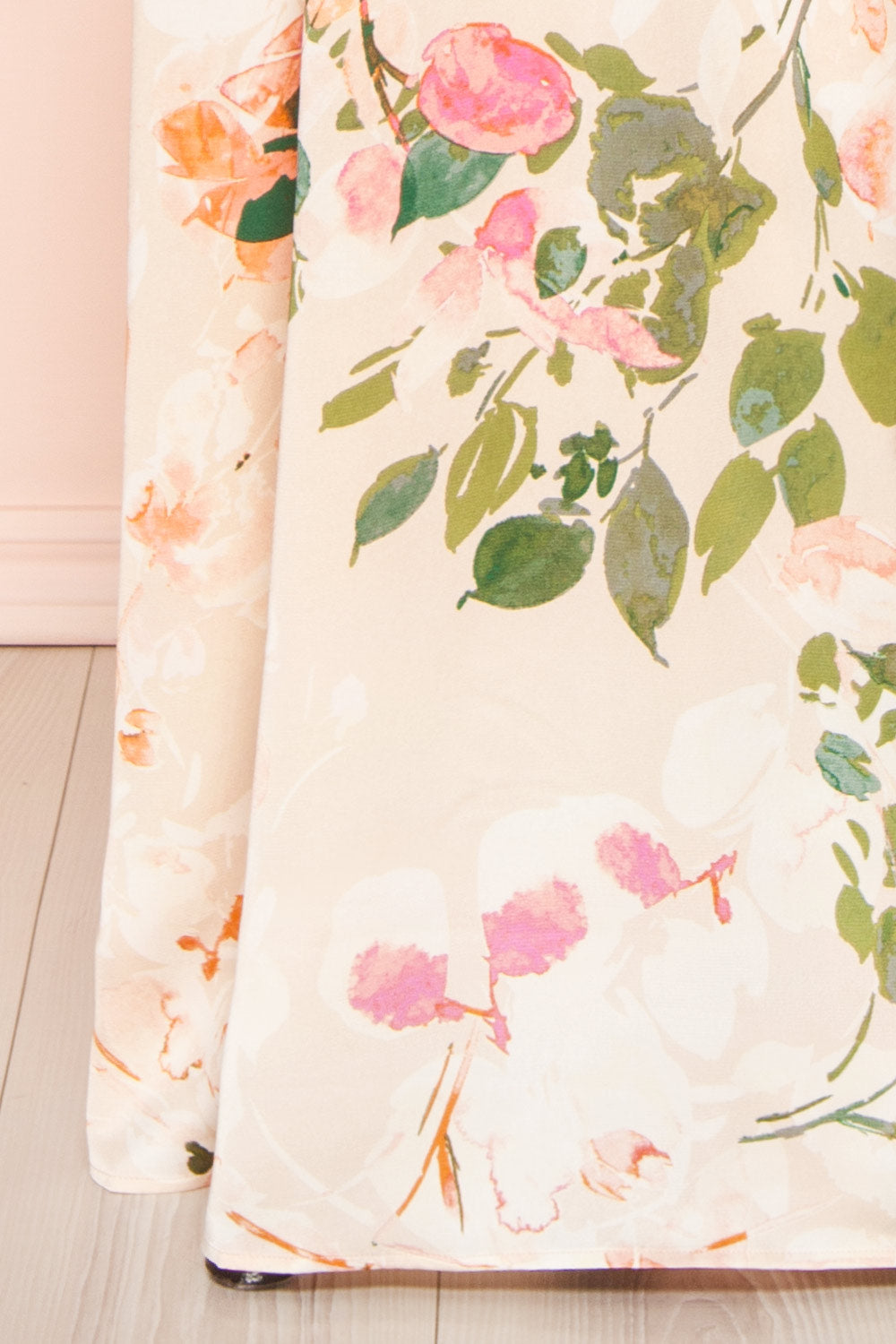 Estivah Pink Backless Floral Maxi Dress | Boutique 1861 bottom close-up