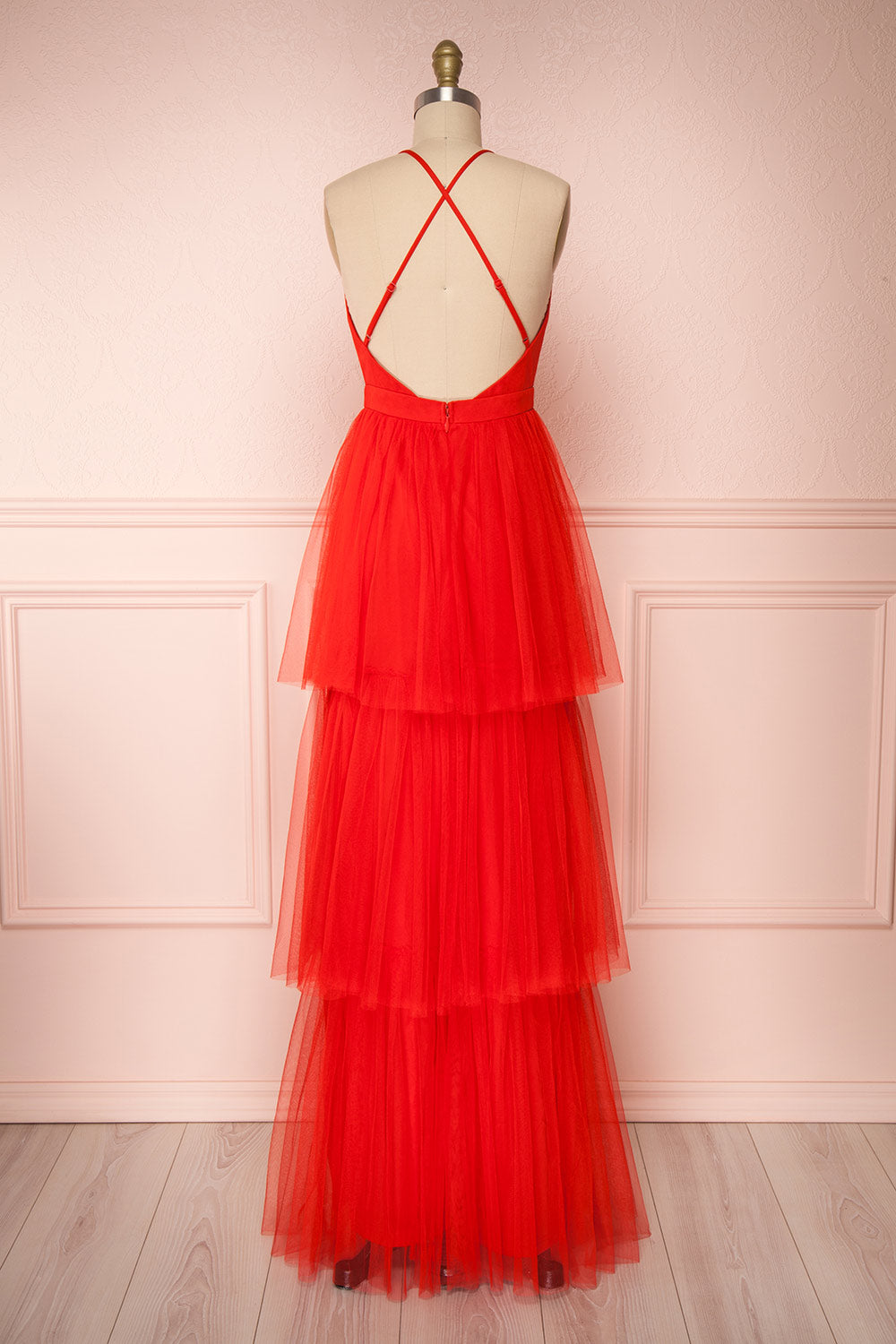 Estivam Red Layered Tulle Maxi Prom Dress back view | Boutique 1861